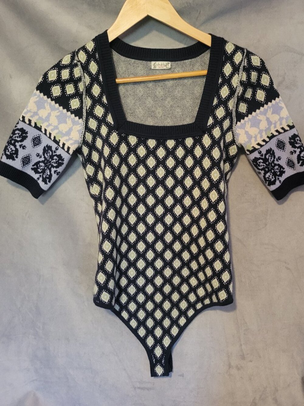 Free People Snow Bunny Square Neck Bodysuit Sweater One Piece  S Navy Blue